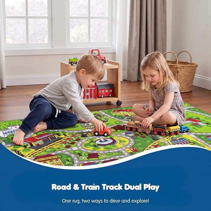 Boooooom Jackson Kids Car Rug with Gift Box 4'11"x2'7" | Non-Slip Washable City Road Play Mat, Train Track, Birthday Gift for Toddlers, Classroom & Playroom