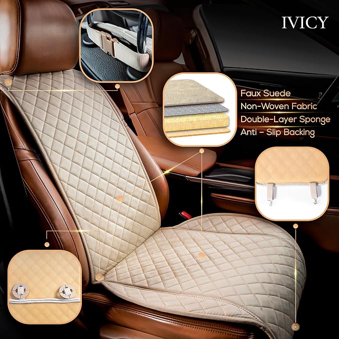 IVICY Faux Suede Front Car Seat Cover – Non-Slip Bucket Seat Protector for Most Cars, SUVs, Vans & Trucks – 1 Seat Cover, Machine Washable, Side-Airbag Friendly, Light Beige