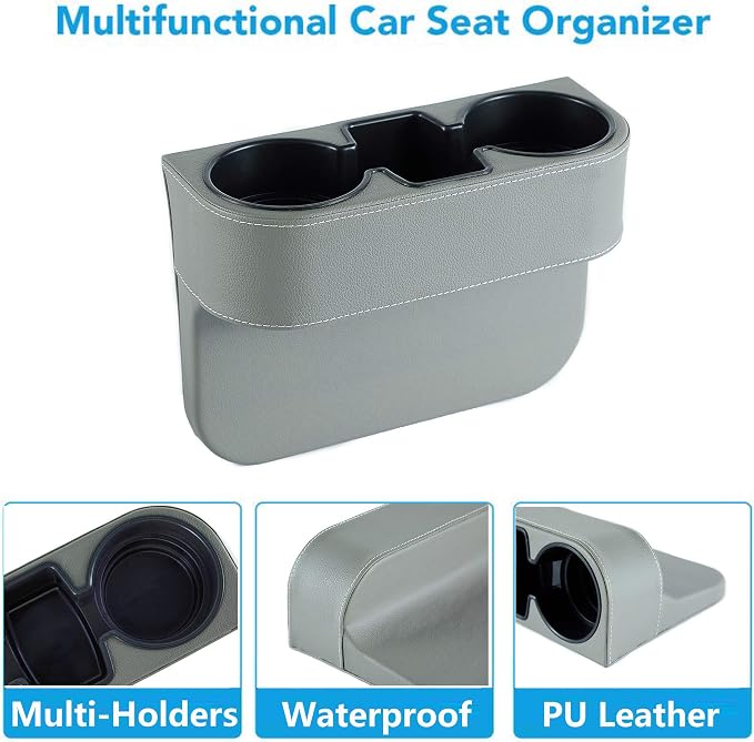 IOKONE Coin Side Pocket Console Side Pocket Leather Cover Car Cup Holder Auto Front Seat Organizer Cell Mobile Phone Holder (Gray)