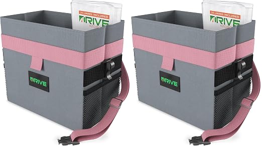 Drive Auto Car Trash Can - Leakproof, Hanging Garbage Bin with 20 Trash Bags and Pink Adjustable Strap - Truck & Car Accessories for Men and Women - Grey with No Lid (Pack of 2)