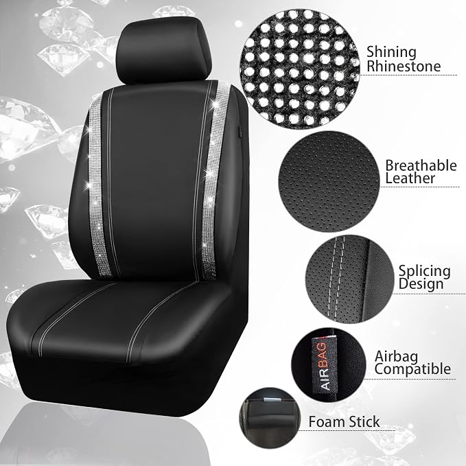 CAR PASS Leather Bling Seat Covers Full Sets 16 pcs, Bling Diamond Car Accessories Set for Women, Sparkly Rhinestone Steering Wheel Cover, Glitter Cute Car Interior Sets for Women Girl, Silver Diamond