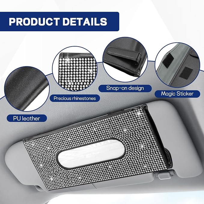 Bling Car Tissue Holder for Sun Visor, Crystal Rhinestone Visor Tissue Box, Leather Vehicle Paper Towel Case, Sparkling Auto Napkin Holder for Women, Car Accessories Decoration (White)