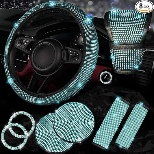 NBTEPEM 8 pcs Bling Car Accessories Set for Women, Steering Wheel Cover, Sparkly Seat Belt Covers, Bling Gear Shift Cover, Universal Fit Most Cars (Aquamarine Diamond)