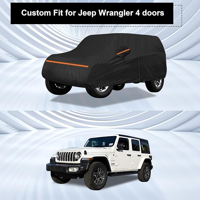 Amooca Heavy-Duty Car Covers Custom Fit for Jeep Wrangler 4 Door 2007-2024 Waterproof Sun-Proof All Weather for Automobiles Snow Cover 420D with Door Zipper Cotton Lining