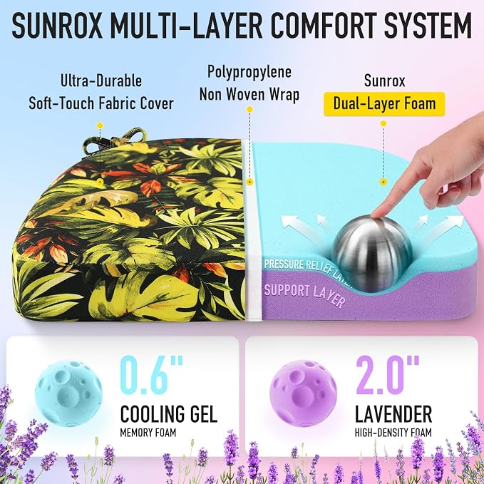 SUNROX Cooling Gel Memory Foam Chair Cushions, 2.6" Thick U-Shaped Dual-Layer Comfort Dining Chair Pads, Non Slip Seat Cushion with Ties for Indoor Kitchen Office 17"x16" Set of 4, Black Monstera
