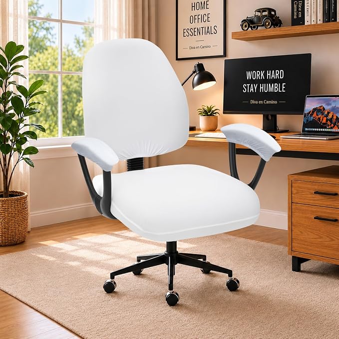 Stretchable Separate Office Chair Seat Covers with Armrest Covers - Universal Stretch Computer Chair Slipcover - Washable Rotating Backrest Coverings & Cushion Protectors for Dogs, Cats, Pets, White