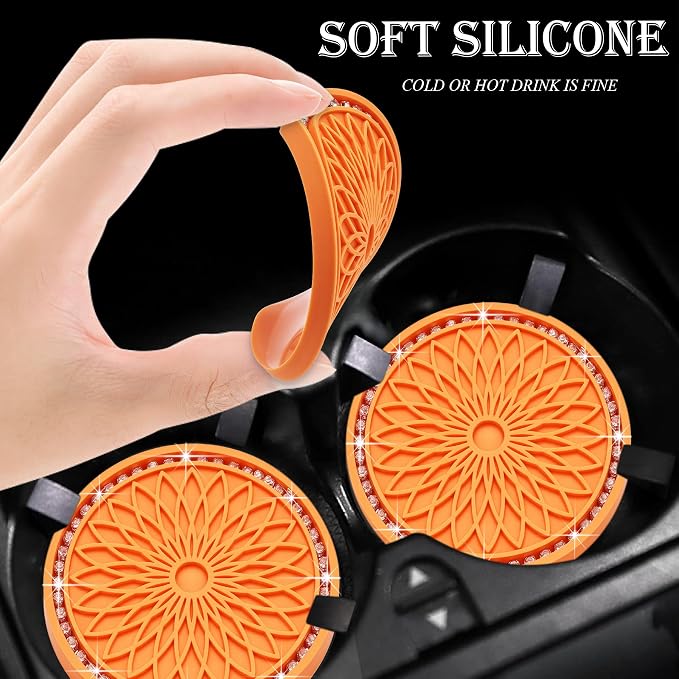 2PCS Bling Car Cup Holder Coasters, Bling Shockproof Cup Mat for Women Girls, Universal Fit for Most Vehicles (Orange & White)