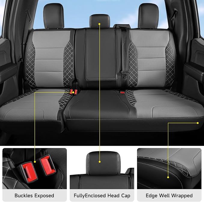 F150 Seat Covers, Custom Fit for Ford 2021-2026 F150 XL XLT STX Super Crew Cab, 2023-2026 F250 F350 F450 XL XLT Crew Cab, Truck Seat Cover Full Set, Leather, Black & Grey