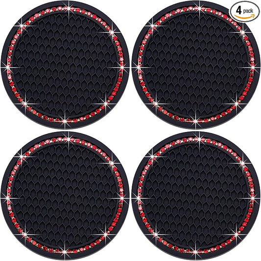 4PCS Bling Cup Holder Coaster, 2.75 Inch Auto Car Cup Holder Insert Coasters, Soft Silicone Anti-Slip Shockproof, Universal Vehicle Interior Accessories for Women Girls (Black & Red)
