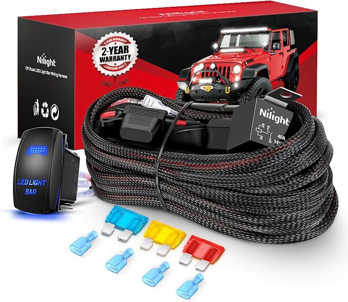 Nilight Wiring Harness Kit Nylon 14 AWG 2 Leads 12V 5Pin Rocker Switch Laser On Off Power Relay Blade Fuse for LED Light Bar Off Road Lights on Cars Jeep Boat Trucks