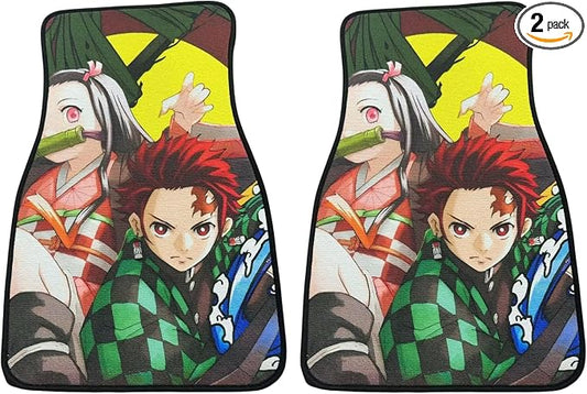 Anime Car Carpet Mat Set of 2 Front, Tanjirs Nezka Design Automotive Accessories Interior All Weather Floor Mats Decor with Non Slip Black Anti Skid Backing