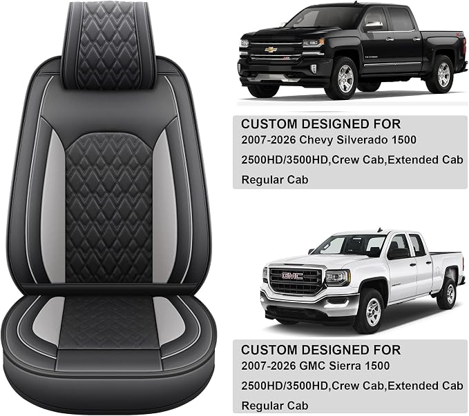 JOJOBAY Chevy Silverado Seat Covers,Leather Seat Covers for GMC Sierra,Custom Fit 2007-2026 1500 2500HD 3500HD Crew Double Extended Regular Cab,LT LZT RST Trail Boss(Front Pair,Black Grey)