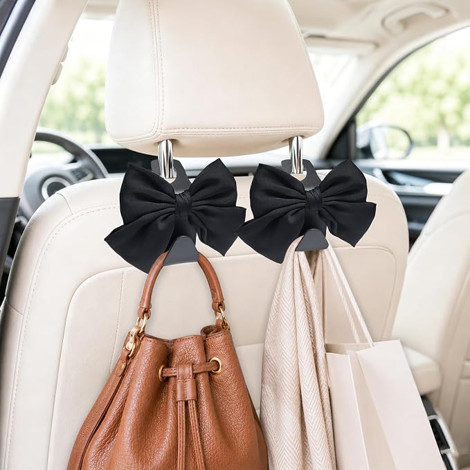 2 Pack Car Purse Holder for Handbags and Bags, Headrest Back Seat Hooks for Cars, Car Bag Hanger for Groceries, Coats, Umbrellas and Daily Essentials, Bow-Shaped Car Interior Organizer (Black silk)