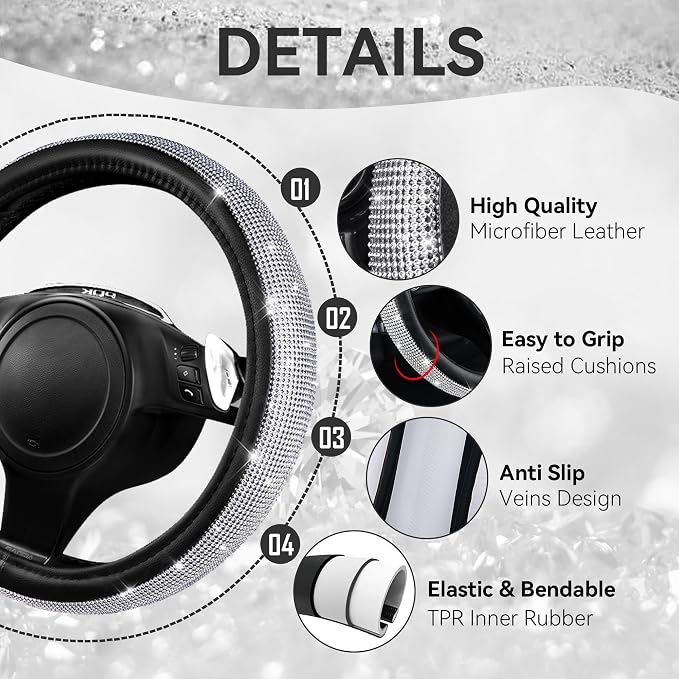 CAR PASS Bling Diamond Leather Steering Wheel Cover 14.5in-15in Floor Mats Shining Rhinestone Carpet Sparkly Glitter Crystal Anti-Slip Pad Fit Automotive SUV Pickup Truck Girl Women, 5pcs Black Sliver