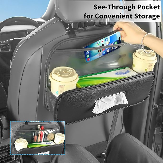 Back Seat Car Organizer with Tissue Holder and 2 Pack Cup Holders | Multifunctional Car Backseat Organizers and Storages with Transparent Bag & Hooks Universal Tissues Box for SUV Sedan Van