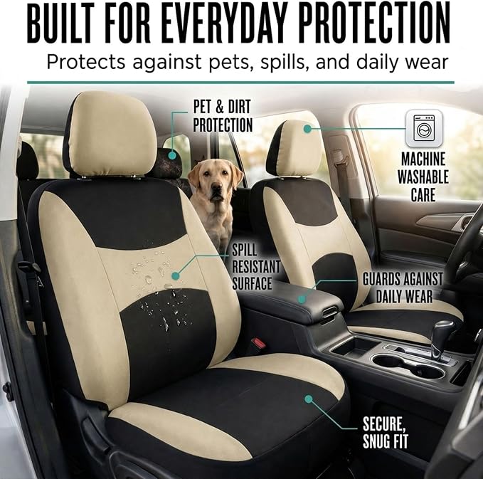 Automotive Seat Covers Beige Black Universal Fit Seat Cover Combo Set with Steering Wheel Cover and Seat Belt Pad (Airbag Compatible and Split Bench)