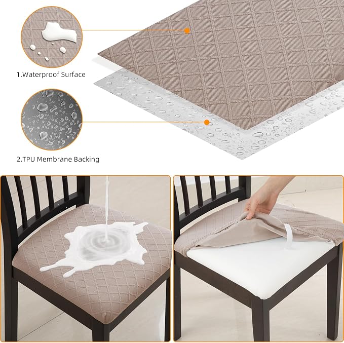 Fuloon Waterproof Seat Cushion Covers 4 PCS, Stretch Jacquard Chair Seat Covers Washable Dining Room Chair Slipcovers Removable Kitchen Cushion Protector (4, Waterproof-Khaki)