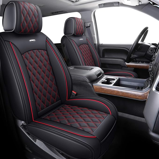 Aierxuan Chevy Chevrolet Silverado GMC Sierra Front Seat Covers Pickup Custom Fit 2007-2026 1500 2500HD 3500HD Crew Double Extended Cab Waterproof Leather Protectors (2 PCS Front, Black-Red)