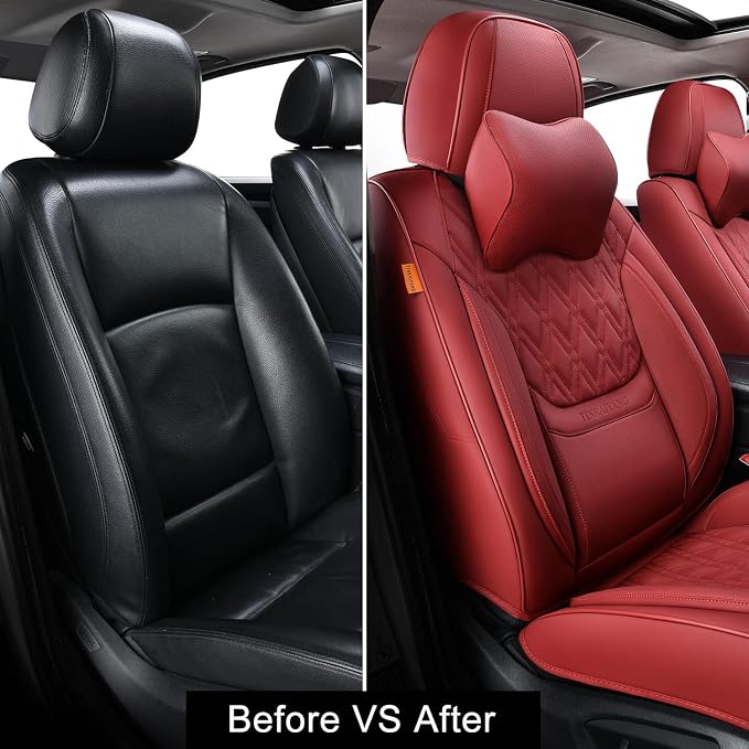 Car Seat Covers Front Pair, Breathable Leather Automotive Front Seat Covers with Headrest, Universal Automotive Vehicle Seat Cover for Most Sedan SUV Pick-up Trucks, Wine Red