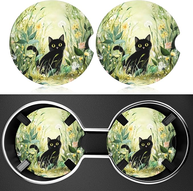 2 Pack Car Cup Holder Coaster, 2.63 inch Anti Slip Insert Absorbent Ceramic Car Coaster with Cork Base and Finger Notch, Cute Car Accessories Interior for Women, Cute Car Coasters.