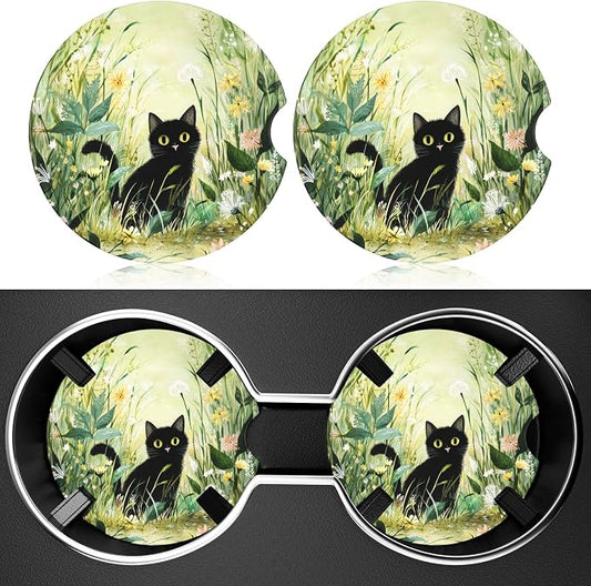 2 Pack Car Cup Holder Coaster, 2.63 inch Anti Slip Insert Absorbent Ceramic Car Coaster with Cork Base and Finger Notch, Cute Car Accessories Interior for Women, Cute Car Coasters.