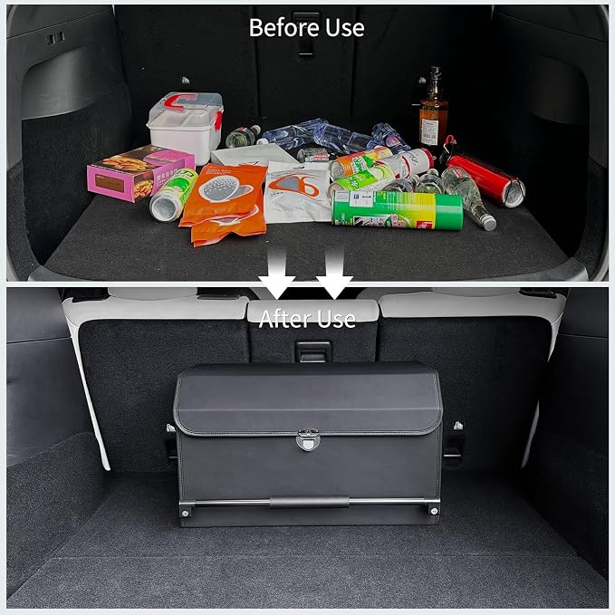 Trunk Organizer for Car with Lid Leather Trunk Organizer Car Organizer | SUV Trunk Organizer with Push-pull Handle Car Trunk Storage Organizer for Minivan, Truck, Sedan (Black, 20.47x11.42x12.2in)