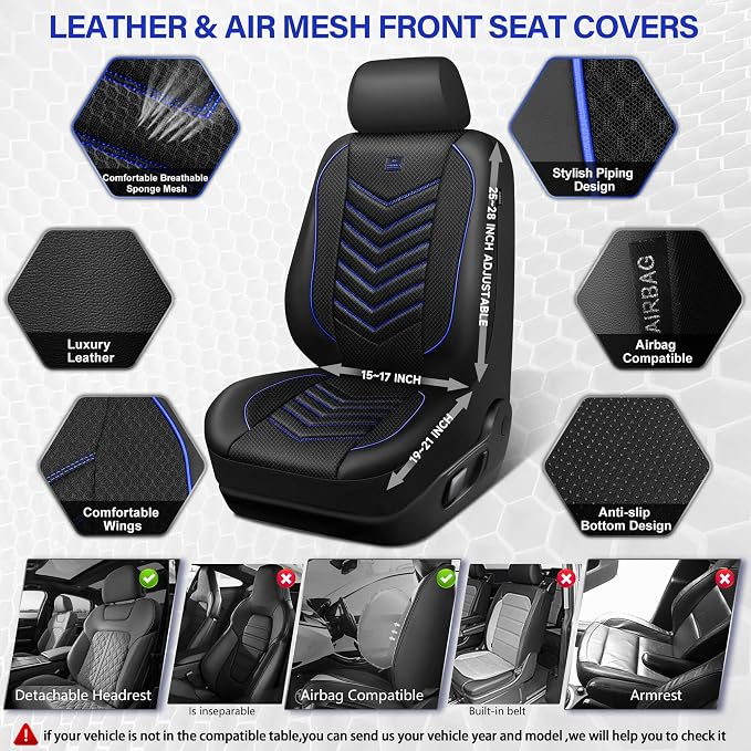 CAR PASS 3D Foam Mesh Leather Car Seat Covers Front Seats, Breathable Front Seat Cover for Cars, Comfortable Universal Fit for SUV Truck Sedan Automotive Anti-Slip Airbag Compatible, Black and Blue