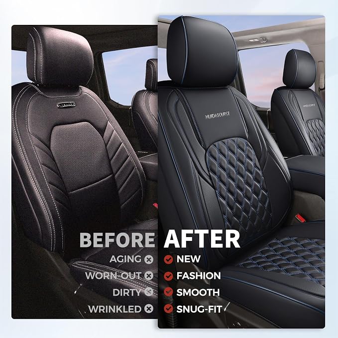 Huidasource Wrangler JK Seat Covers 2 Door, Waterproof Leather Car Seat Covers, Front&Rear Seat Protector Custom Fit for Jeep Wrangler JK 2-Door Sahara Sport Rubicon 2007-2017(Full Set/Black&Blue)
