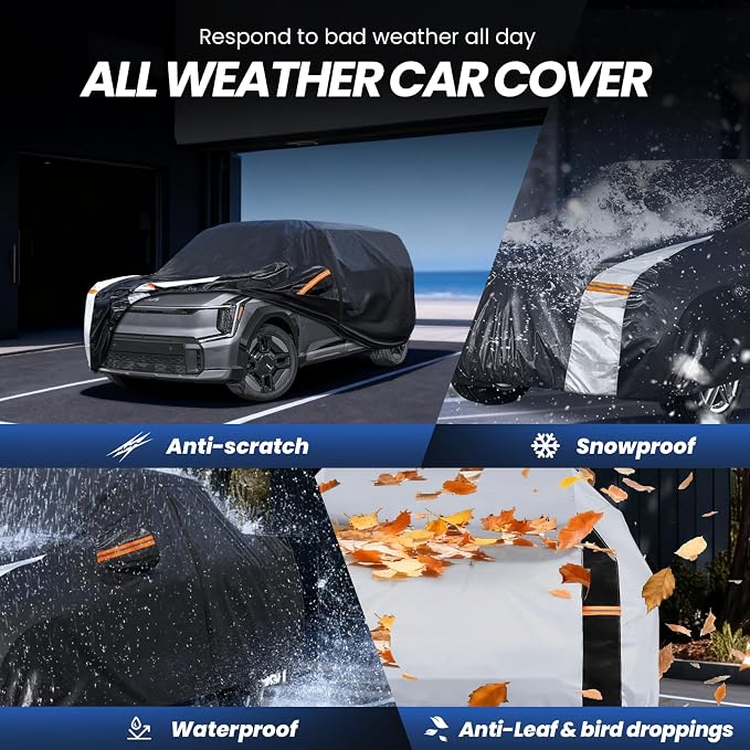 Multi-Layer Car Cover Custom Fit for Kia EV9 (EV)(2023-2026), 100% Waterproof All Weather for Automobiles, Gift with Towel, Heavy Duty Car Covers for Rain Sun UV Protection with Door Zipper