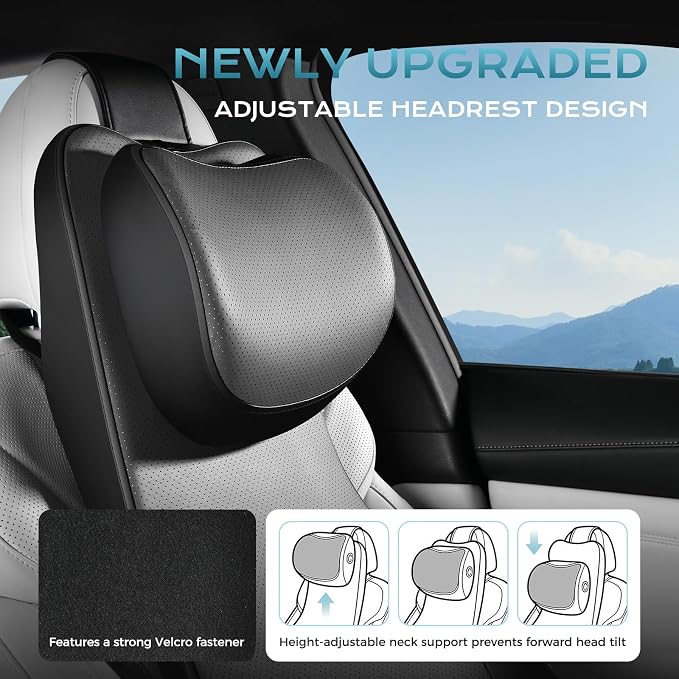 Coverado 2-in-1 Lumbar Support Headrest Pillow, Adjustable-Height Velcro Design Car Neck Pillow, Ergonomic Memory Foam Back Support for Car, PU Leather Cushion for Neck Back Pain Relief, Blackgray