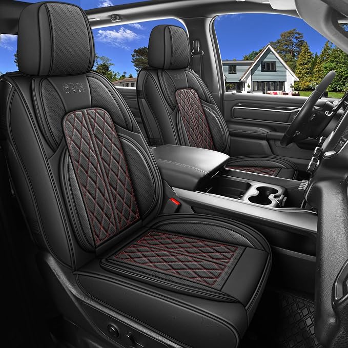 Car Seat Cover Custom Fit for Ford F150 2009-2026 Faux Leather Seat Cover Set Compatible with Regular Cab Super Cab Super Crew Pickup Truck Cushions (Black Redline, Front Seat)