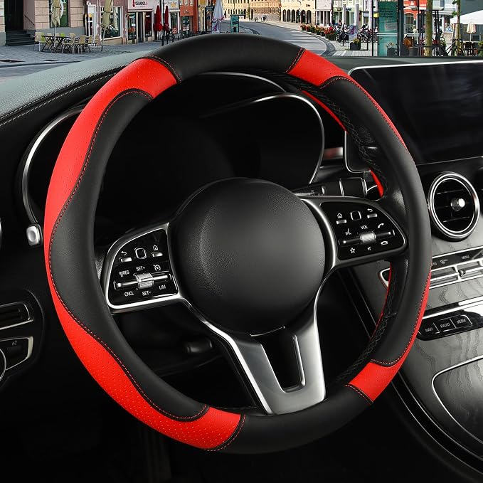 Black Red Breathable Microfiber Leather Steering Wheel Cover | Breathable Anti Slip Grip Cool Sporty Look Glow for Women Men