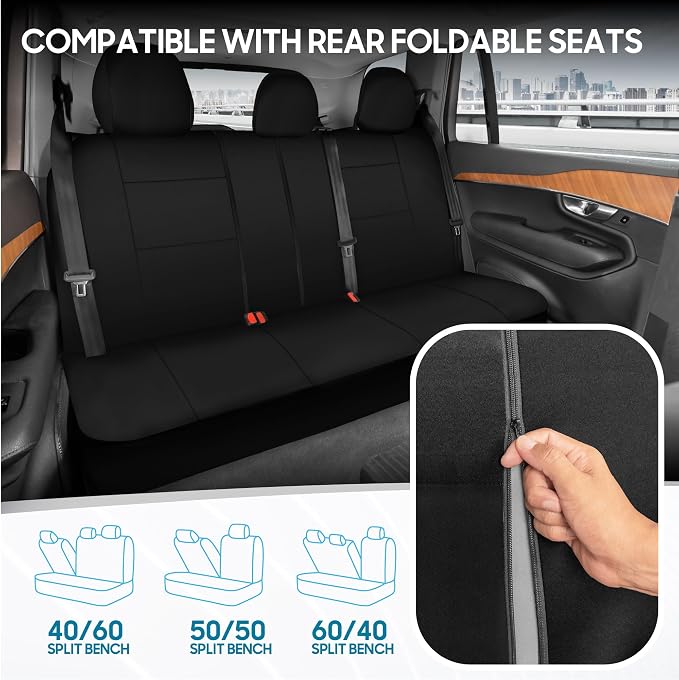 BDK PolyPro Car Seat Covers Full Set in Solid Black, Front and Rear Split Bench Seat Covers for Cars, Easy to Install Car Seats Cover Set and Accessories for Auto Trucks Van SUV - Solid Black