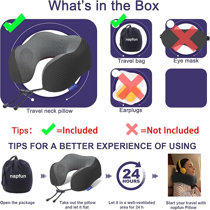 napfun Neck Pillow for Traveling, Upgraded Travel Neck Pillow for Airplane 100% Pure Memory Foam Travel Pillow for Flight Headrest Sleep, Portable Plane Accessories, Charcoal Black