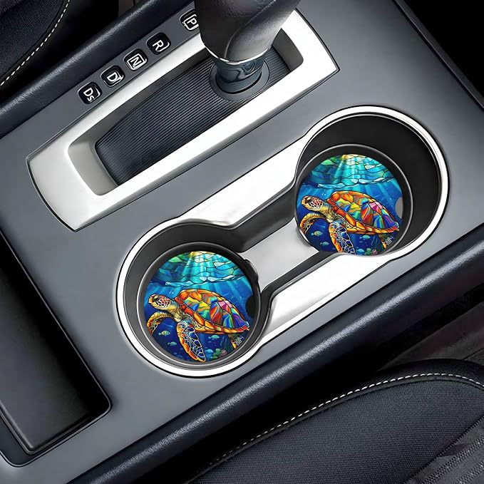 Sea Turtle Ocean Car Cup Holder Coasters 2 Pack 2.63" for Women | Stained Glass Universal Anti Slip Ceramic Absorbent Coaster with Cork Base and Finger Notch Cute Car Accessories Interior