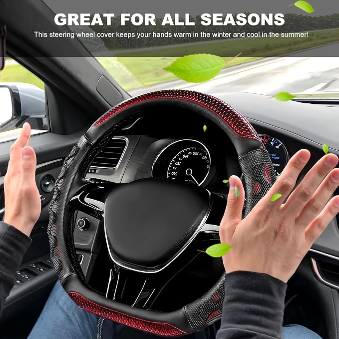 Car Steering Wheel Cover, Anti-Slip Breathable Steering Wheel Protector with 3D Honeycomb Design, Sporty Elastic Protective Cover for 14.5-15 Inch Flat Bottom Steering Wheels (Red)