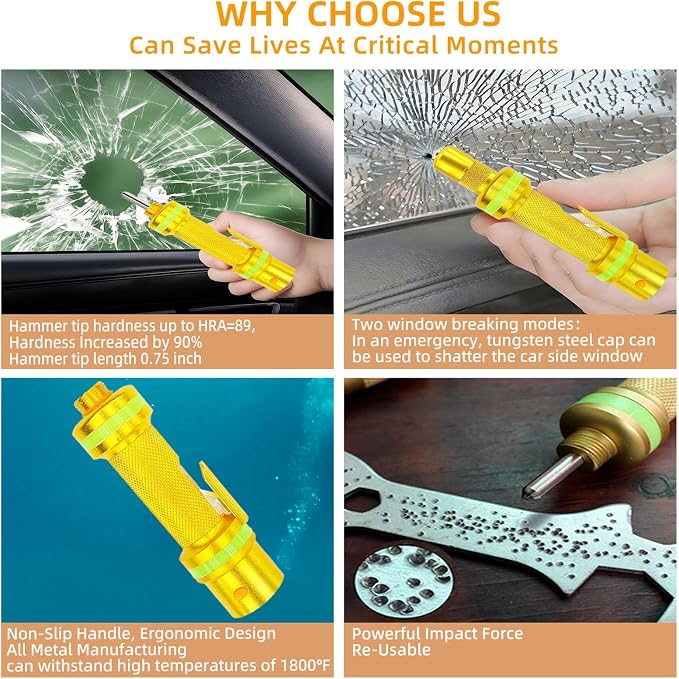 2026 Upgraded 3-in-1 Window Breaker Seatbelt Cutter & Flashlight, Glass Breaker, All-Metal Window Breaker - 0.75 inch Tungsten Steel Hammer Tip Can Shatter Tempered Glass (Gold)
