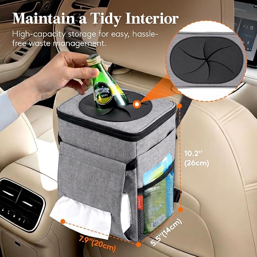 Lifewit Car Trash Can with Lid and Tissue Holder, Leak-Proof Waterproof Automotive Garbage Cans, Car Accessory Interior, Trash Bin for the Back/Front/Console of Car, 2 Gallons, Grey