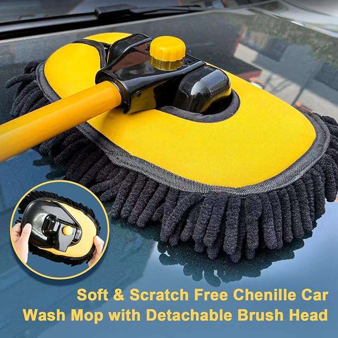 YeewayVeh 43" Car Wash Brush Mop Kit with Mitt, Yellow/Black | 15° Curved Pole, Extra Replaceable Chenille Head, Scratch-Free Microfiber Mitt & Sponge Cleaning Accessories