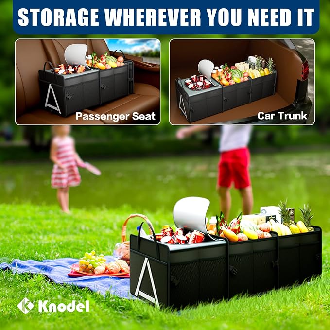 K KNODEL Sturdy Car Trunk Organizer with Premium Insulation Cooler Bag, 3 Compartments Heavy Duty Collapsible for Car, SUV, Truck, or Van (Large, Black)