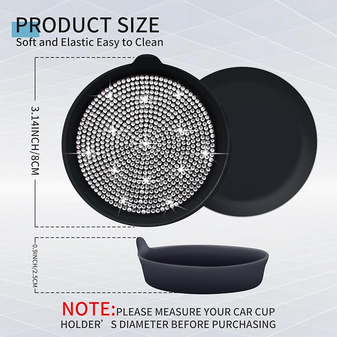Amooca Car Cup Coaster Universal Non-Slip Cup Holders Bling Crystal Rhinestone Car Interior Accessories 4 Pack Black Whole Rhinestone