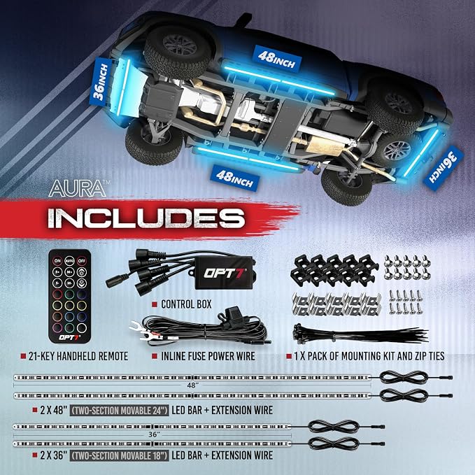 OPT7 Aura RGB Aluminum Truck Underglow Kit with Remote Control | Waterproof Rigid LED Bars, Multicolor Underbody Lighting, Exterior Neon Accent Ground Lights, Off Road Pickup Jeep Gifts, 12V