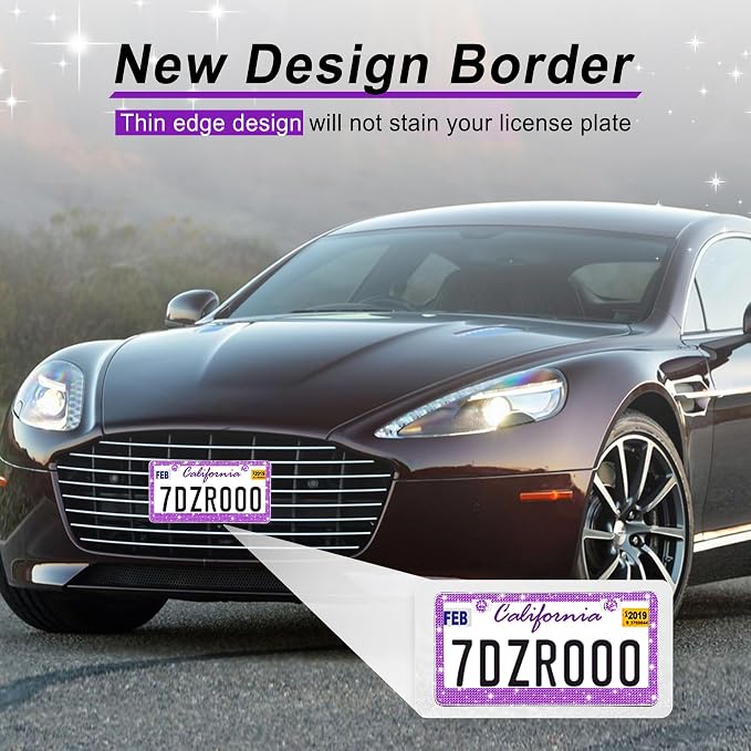 GaRhomxy Bling License Plate Frames for Women, 1 Pack Handcrafted Sparkly Rhinestone Car Accessories, Premium Stainless Steel Frame with 1000+ Faceted Glass Crystals & Free Glitter Caps (Purple)