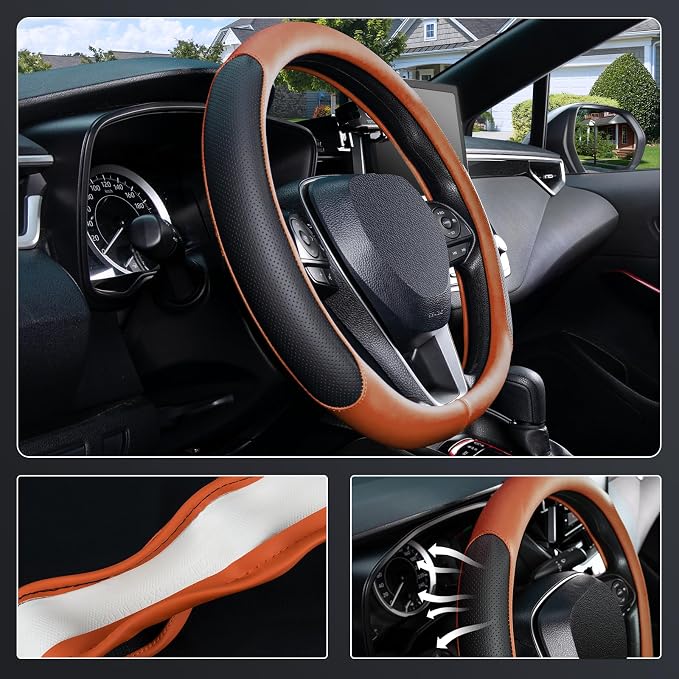 SEG Direct D Shaped Steering Wheel Cover for 14.5-15 inch Flat Bottom Wheels, Breathable Perforated Microfiber Leather, Anti-Slip Grip, Universal Fit for Cars & SUVs, Black and Orange