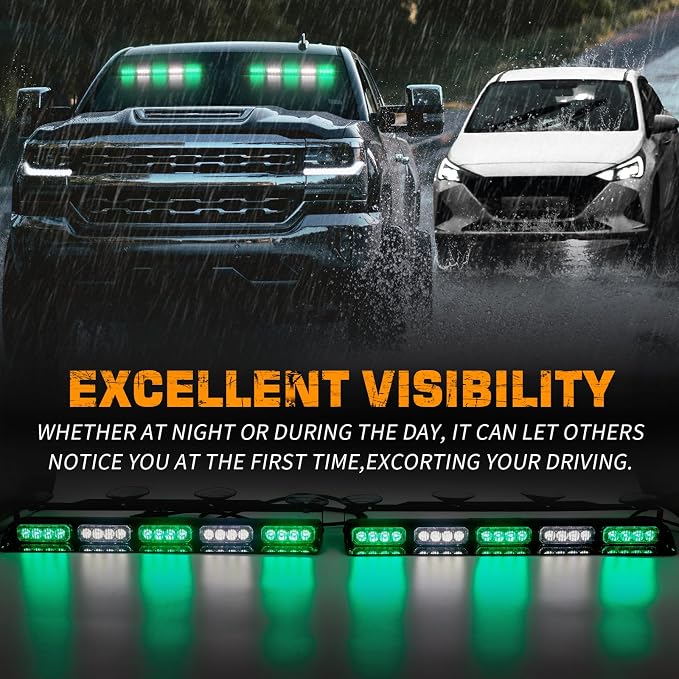 XRIDONSEN 2x 17 inch Green White Emergency Lights 40 LED Dash Strobe lights | Interior Front/Rear Windshield Light Bar Safety Warning Flashing Hazard for Vehicles Trucks Car