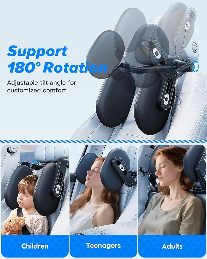 RunSnail Car Headrest Pillow, 360° Rotating Travel Headrest, Memory Foam | 3-Point Linkage Adjustable Design, Thickened Breathable Memory Foam, Travel Car Sleeping Pillow for Kids & Adults