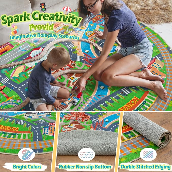 Car Rug Play Mat for Kids Toy Cars, Road Traffic Playmat for Kid Bedroom, Non-Slip Machine Washable Town City Race Track Carpet for Learn and Have Fun Round 47"