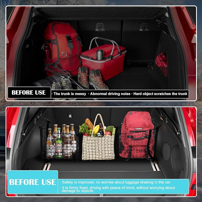 3 Pocket Cargo Net Trunk Bed Extender, 43.3” x 11.8” Mesh Truck Bed Organizer with Metal Hook, Heavy Duty Cargo Net for Cars, SUV