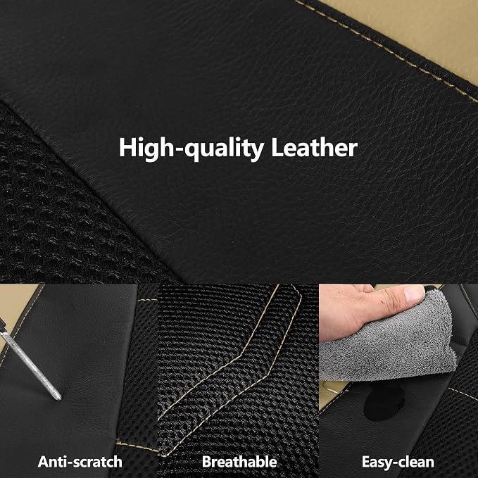HChengkikz Front Car Seat Cover, Breathable and Sporty (Black + Beige) | Leather, Universal Fit for Most SUVs, Cars, Sedans, Trucks, Airbag Compatible, Easy to Install