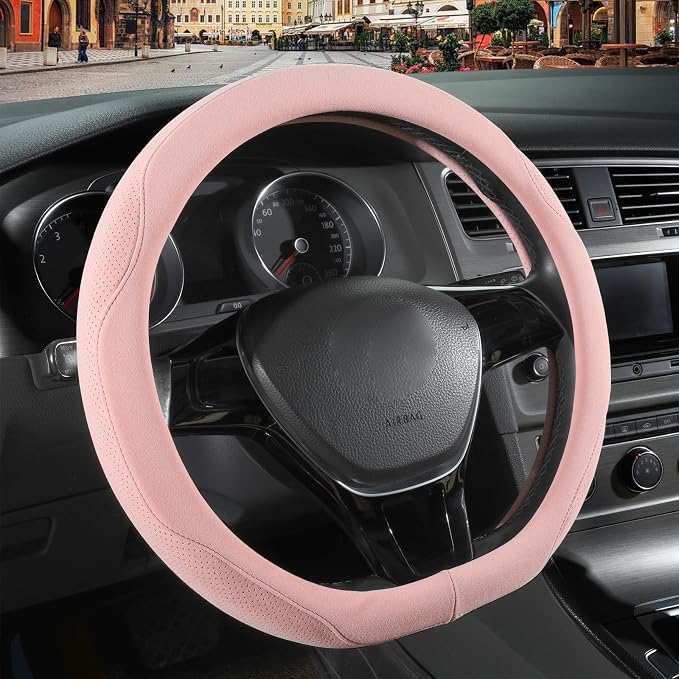 Pink Suede D Shaped Steering Wheel Cover 14.5 inch to 15 inch | Warm in Winter and Cool in Summer, Universal Felt Car Accessories, Breathable Non-Slip Sweat-Proof Wear-Resistant